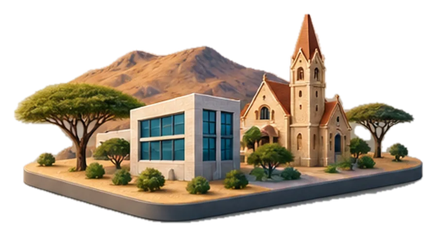 A small Windhoek city block with an office, a church tower and camelthorn trees